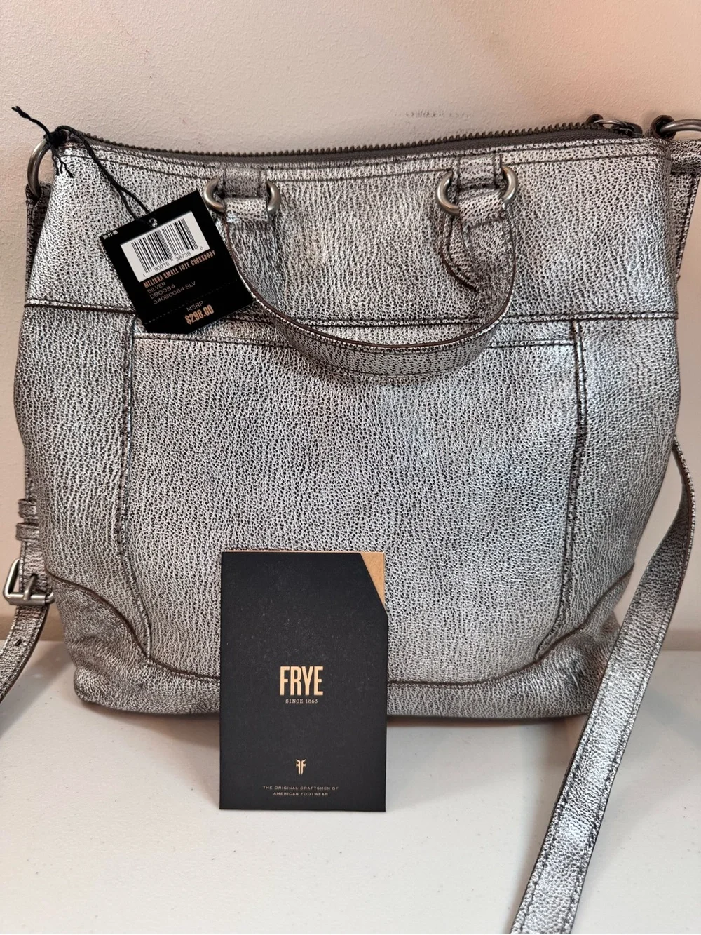 NWT FRYE Melissa Small Tote Crossbody distressed silver leather bag